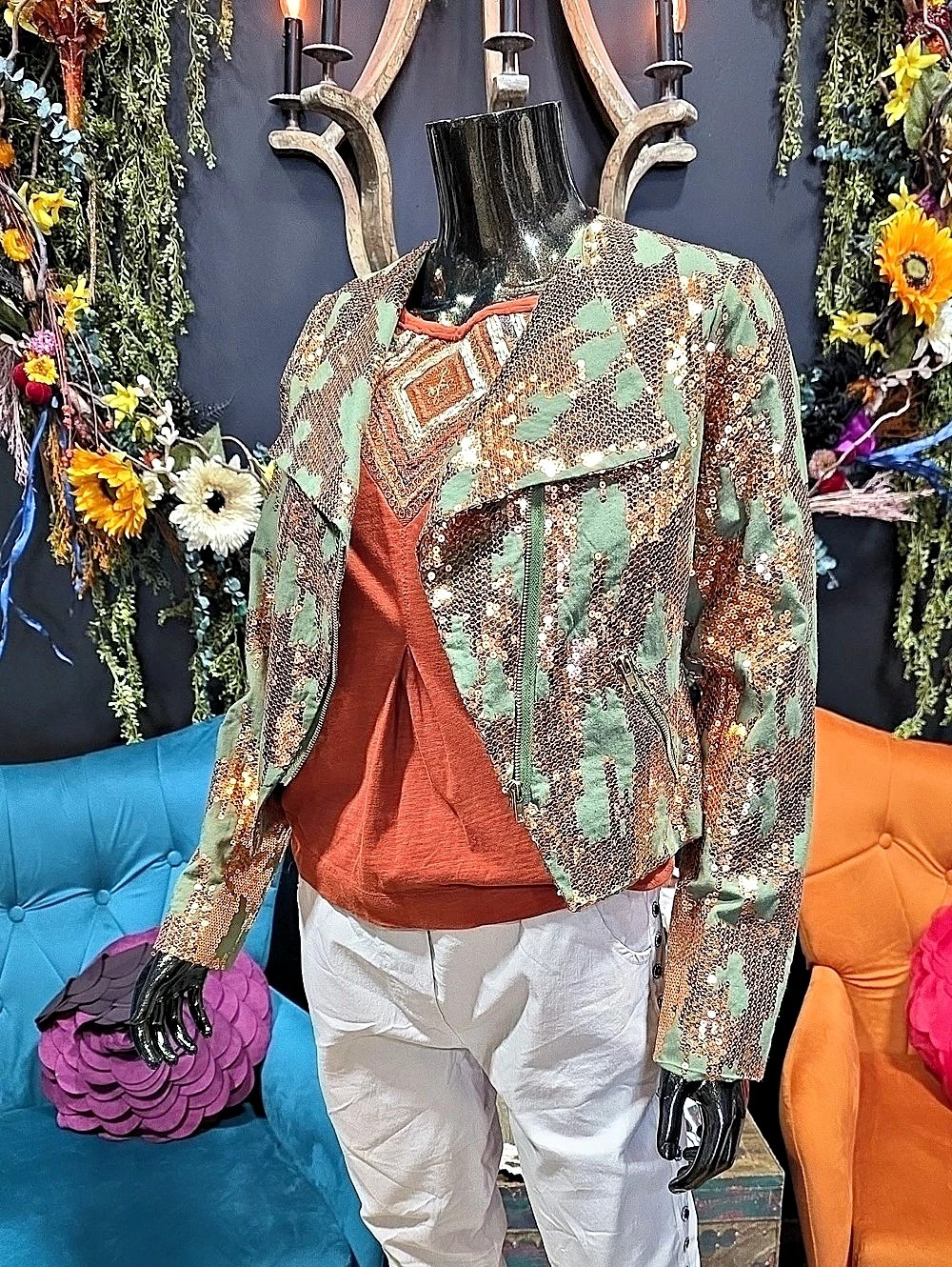 NEW! Steve Madden Copper & Green Sequin Embellished Jacket